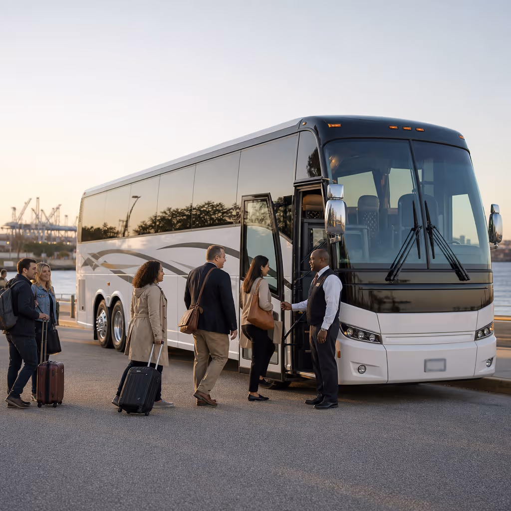 Group boarding a bus for a Great Dismal Swamp trip